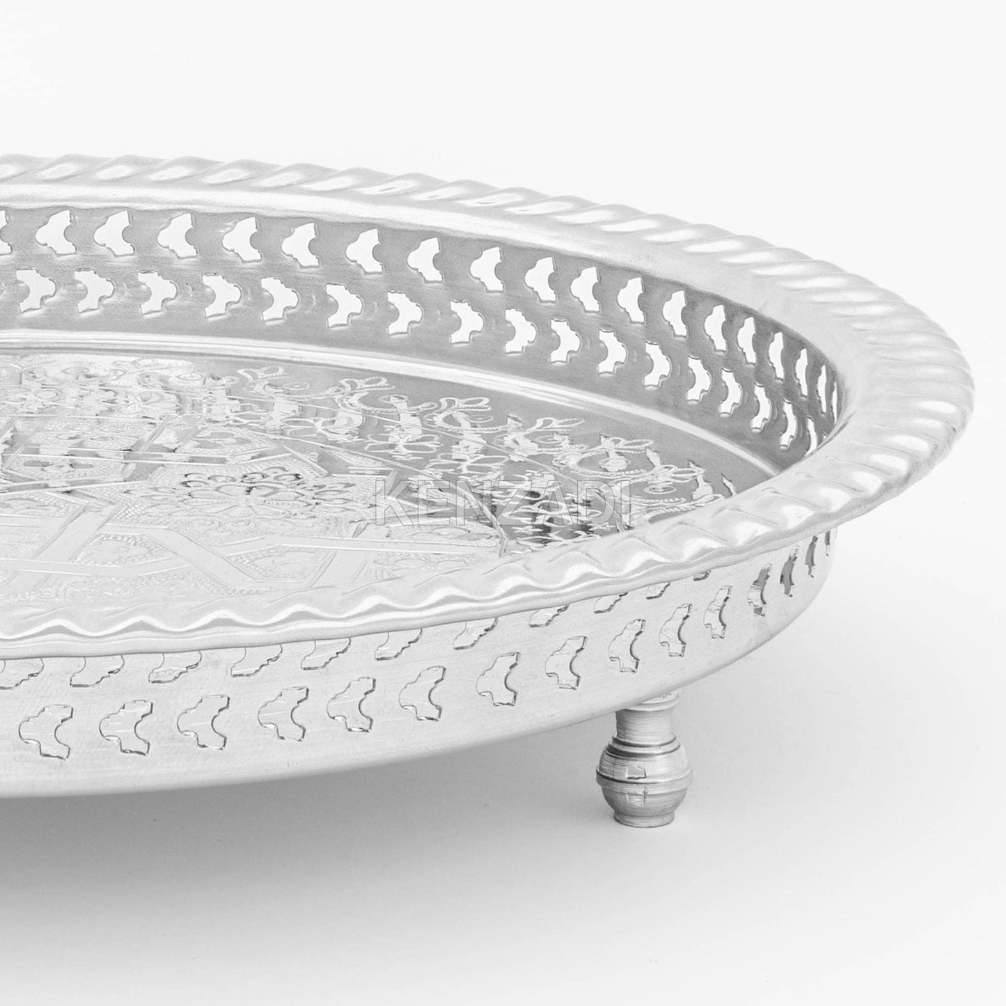 14.1 Inch Moroccan Handmade Serving Tea Tray Silver Plated Brass Handcrafted Plate in Fez Morocco