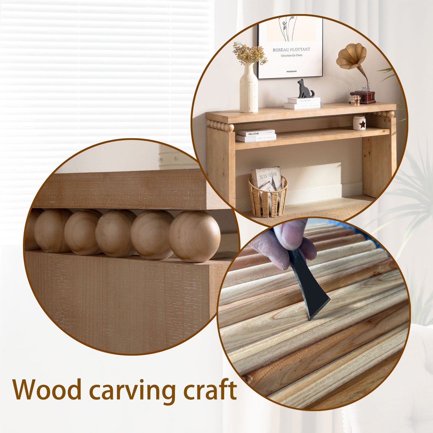 Modern Rustic Console Table – 59” Wood Entryway Table with Shelf & Decorative Bead Detail