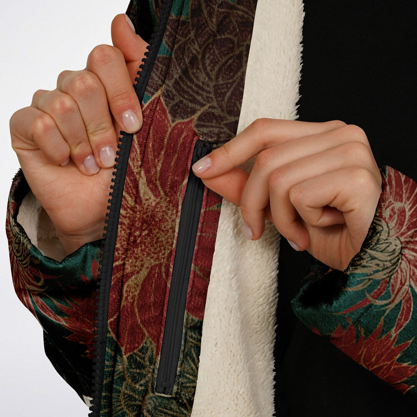 Desert Flowers Carpet Cuddle Coat | Green Red | Unisex Minky Sherpa Lined Coat with Hood, Zipper and Pockets | Women and Mens Festival Coat | Mountain Fashion