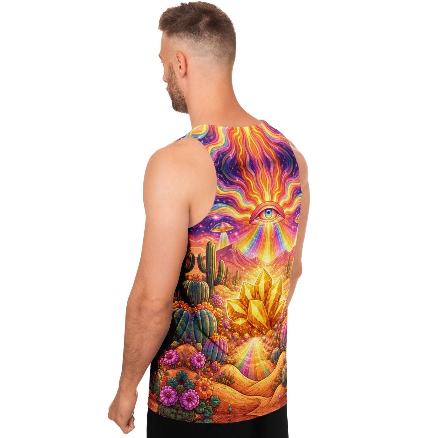 Psychedelic Desert Eye Tank Top – Festival Rave Shirt with Gold Crystal & Cosmic Print