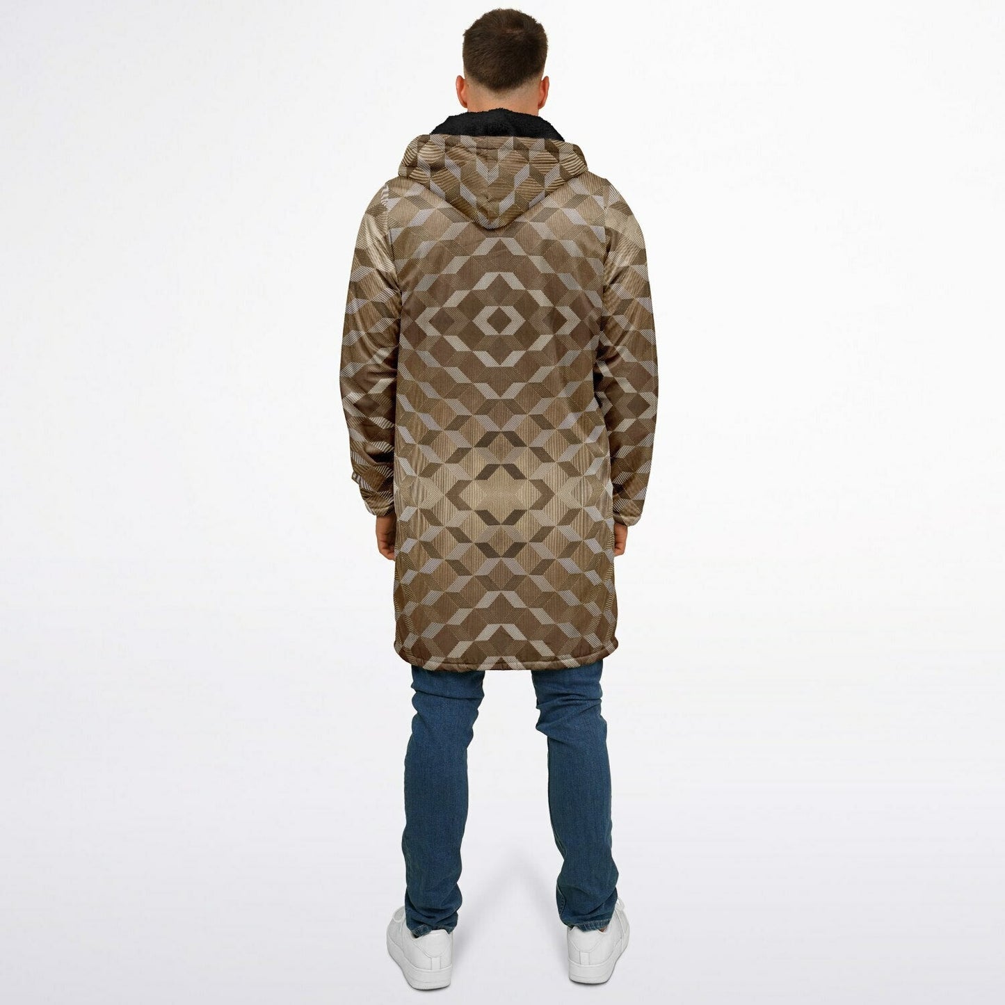 Gold Cube Cuddle Coat | Unisex Minky Sherpa Lined Coat with Hood, Zipper and Pockets | Women and Mens Festival Coat | Mountain Fashion