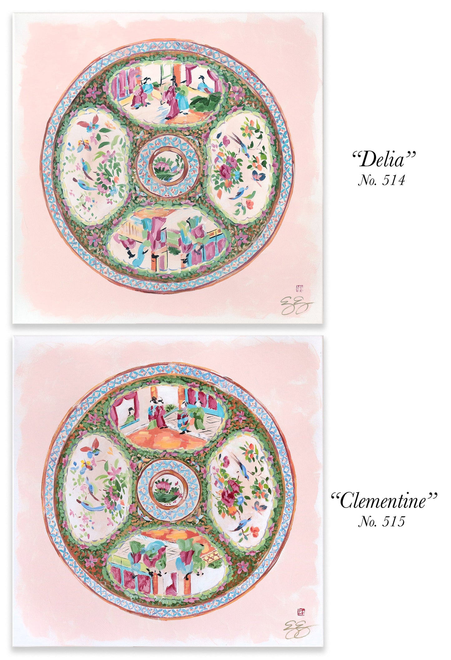 "Clementine," Original painting of chinoiserie Rose Medallion plate (No. 515) - 20 x 20