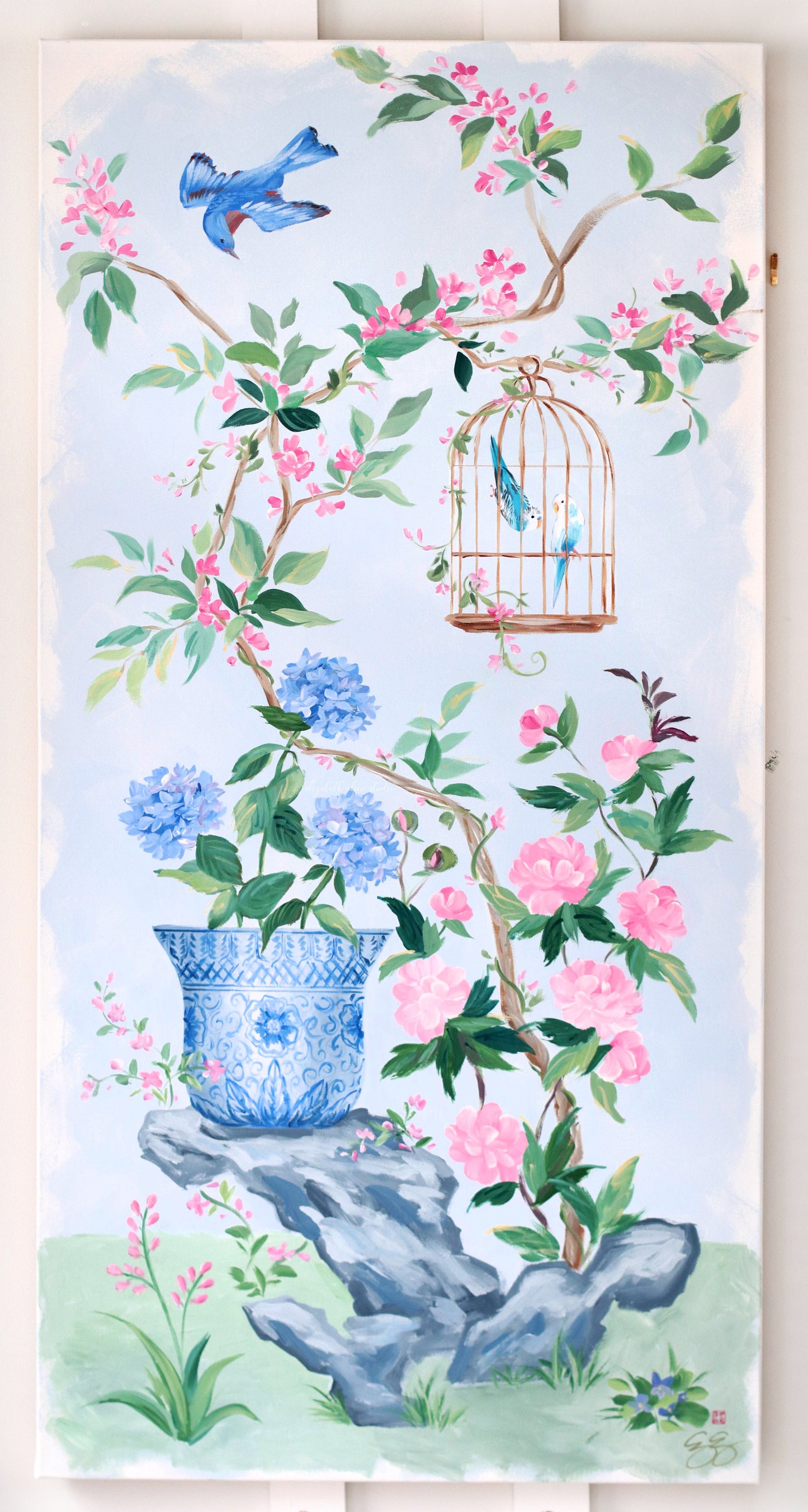"Alice," Original blue and pink chinoiserie painting with bird cage and hydrangea (No. 526) - 24 x 48