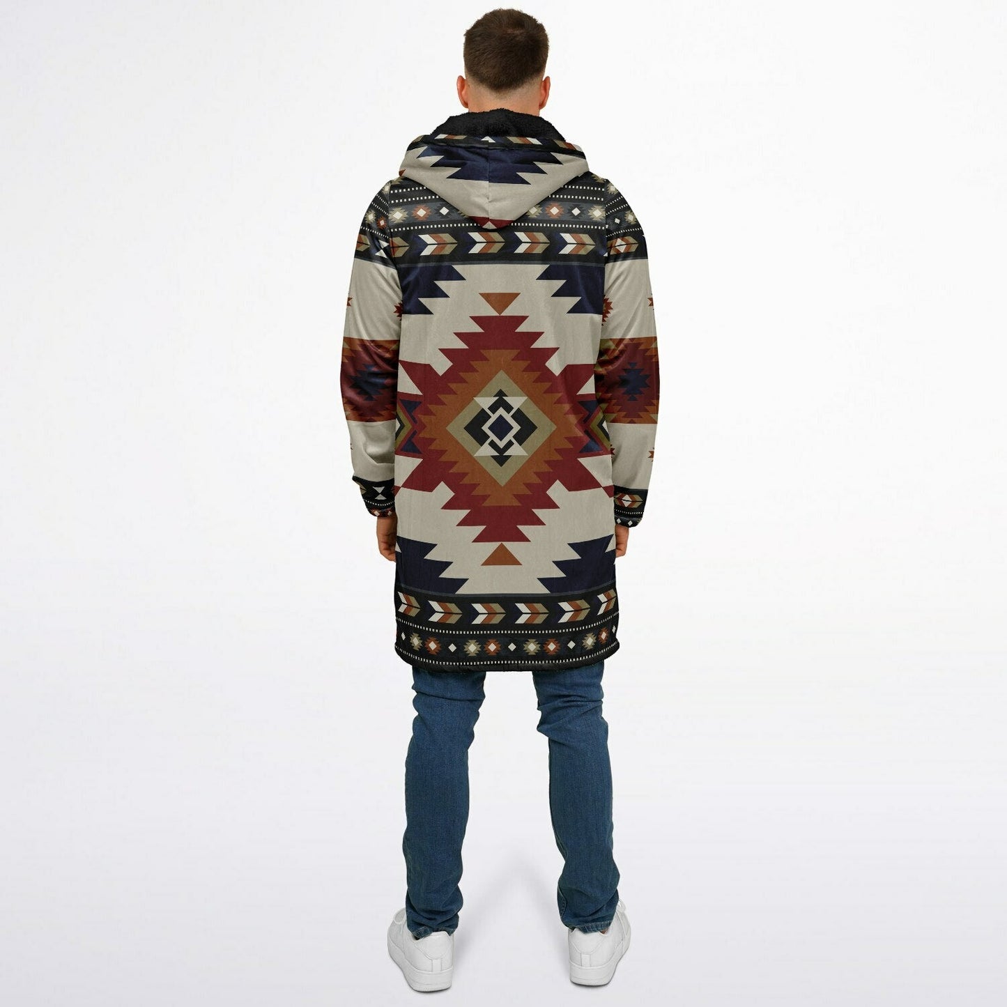 Izel Aztec Tribal Cuddle Coat | Unisex Minky Sherpa Lined Coat with Hood, Zipper and Pockets | Women and Mens Festival Coat | Mountain Fashion