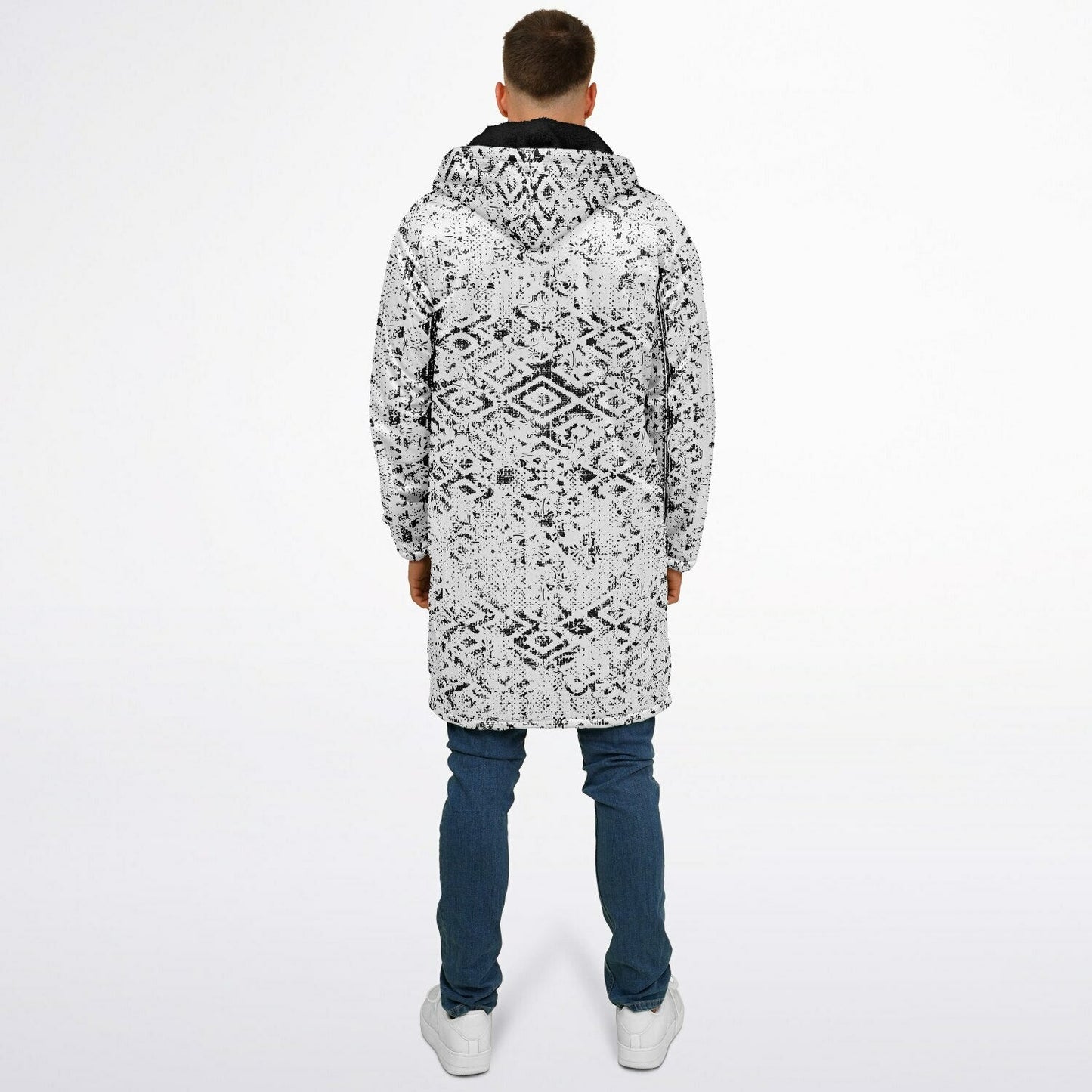 Tribal Fade Cuddle Coat | Black White | Unisex Minky Sherpa Lined Coat with Hood, Zipper and Pockets | Women and Mens Festival Coat | Mountain Fashion