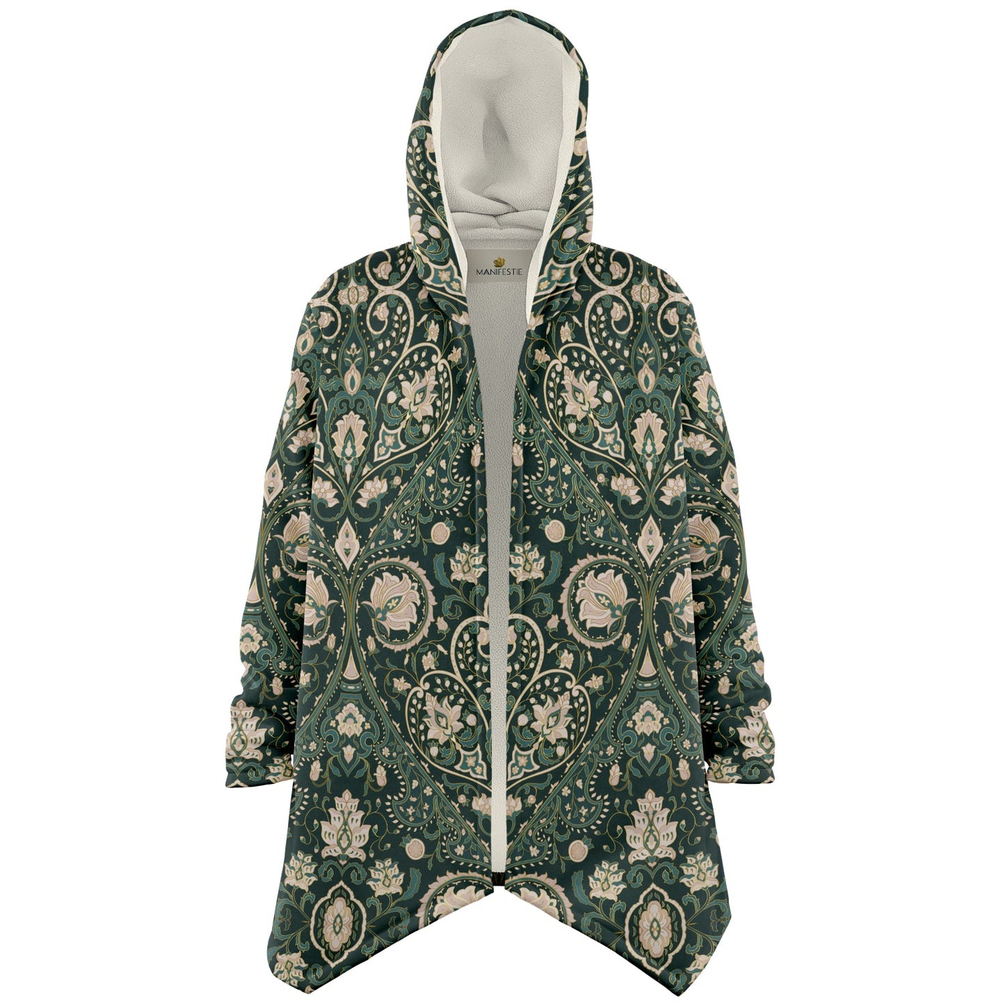 Green Persian Carpet Cuddle Cloak | Unisex Minky Sherpa Lined Coat with Hood, Zipper and Pockets | Women and Mens Festival Coat | Mountain Fashion