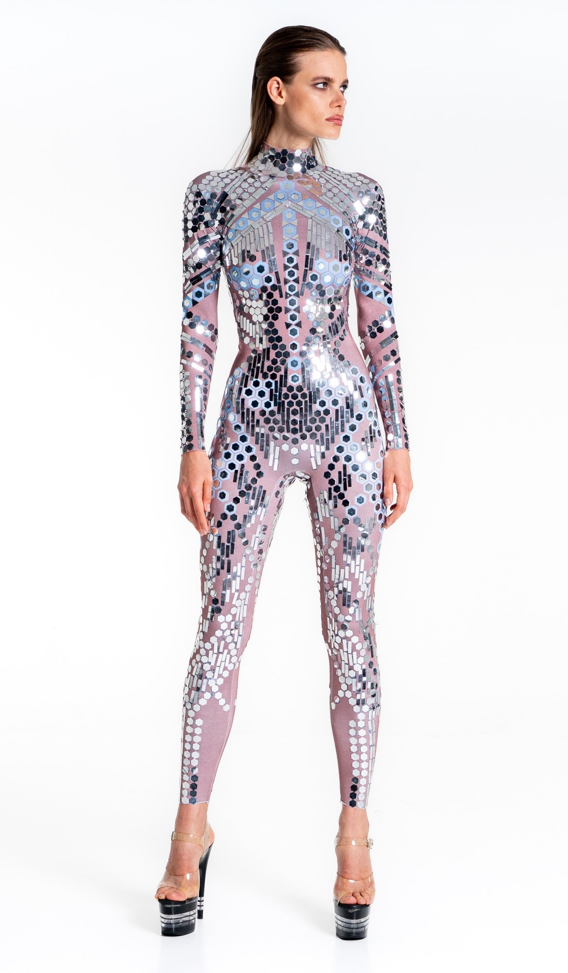 Space Babes Nude Reflective Sequin Bodysuit | Illusion Mirror Ball Festival Catsuit & Stage Jumpsuit – Manifestie
