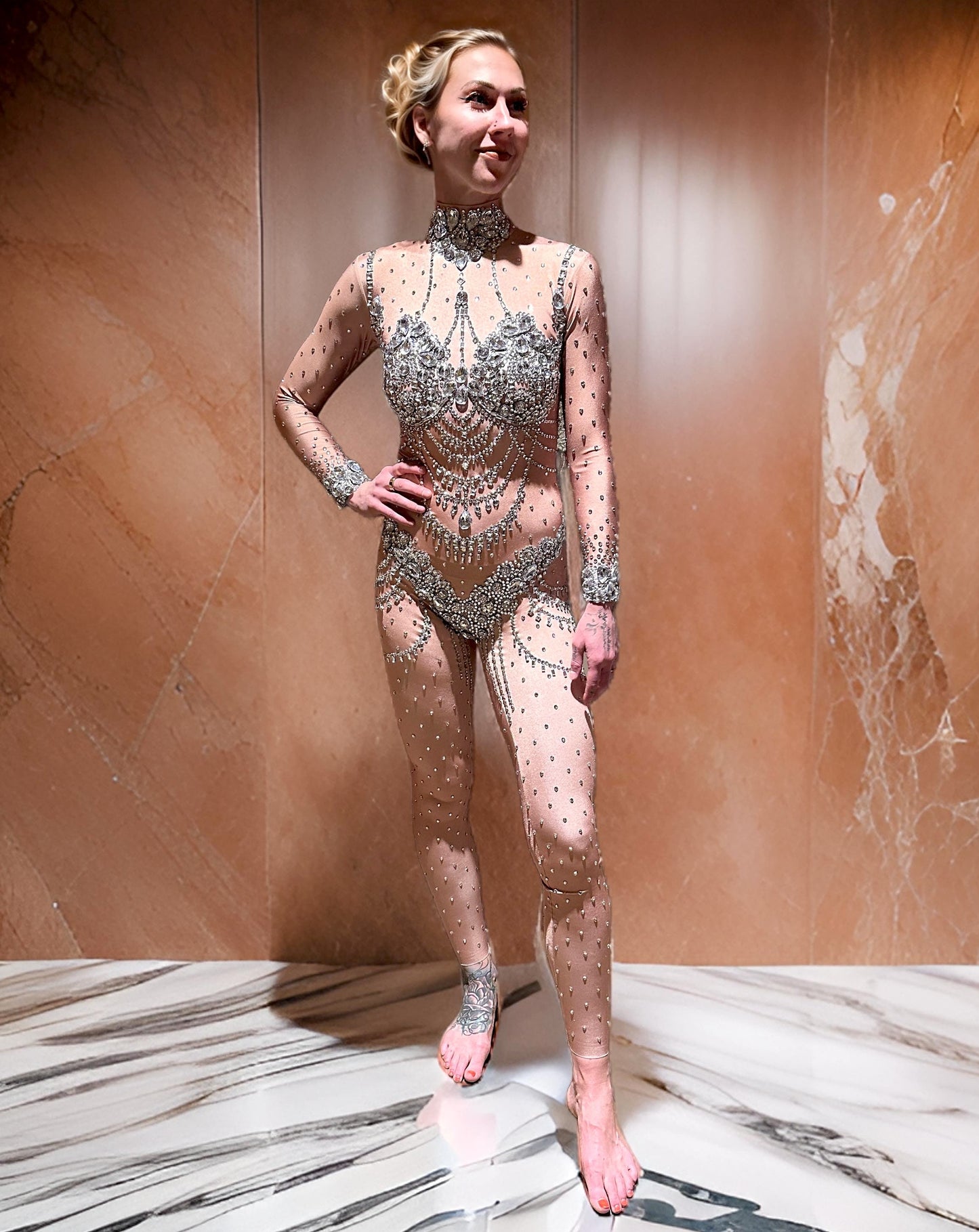 Jasmine Rhinestone Jumpsuit | Nude + Silver Diamond Crystal Bodysuit & Festival Rave Catsuit – Manifestie