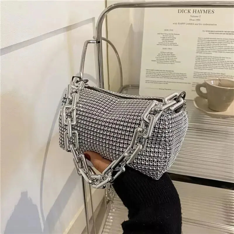 Allover Rhinestone Bucket Bag | Glitter Chain Prom Purse & Women's Mini Crossbody Bag (Sparkling Evening Handbag)