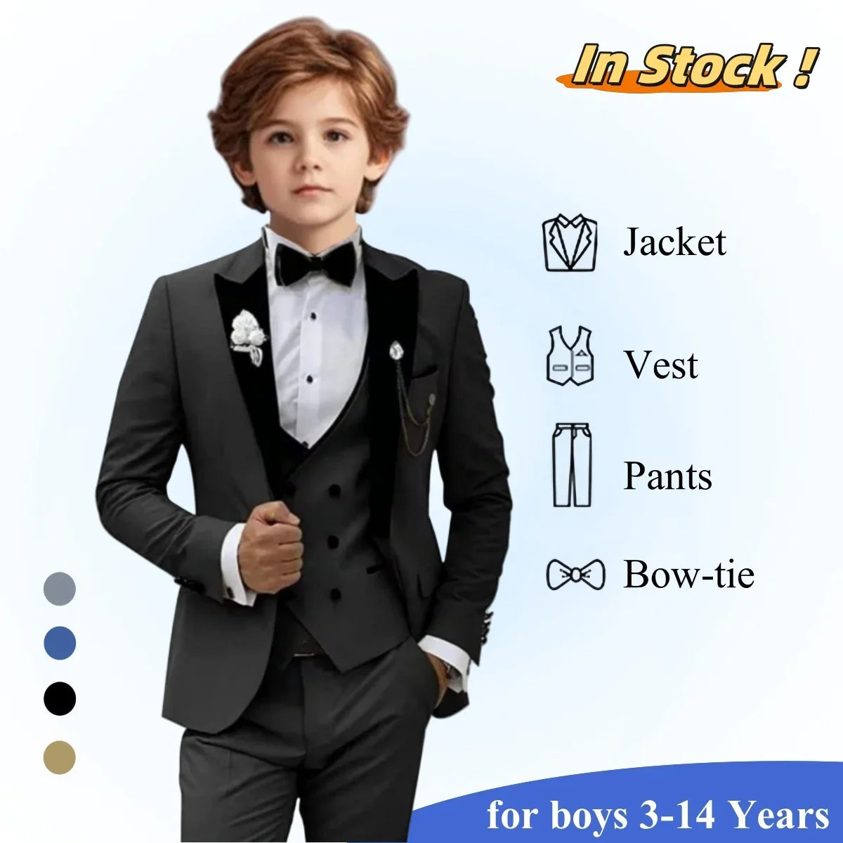 2025 New Kids Suit Set, 4 Pieces Formal Suits for Boys, Jacket, Vest, Pants, Bowtie Velvet Collar.