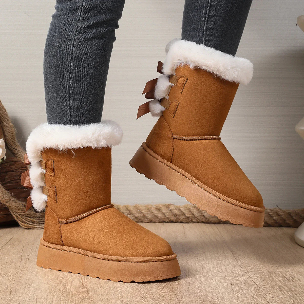 Bow Round Toe Elegant Flat Wear-resistant Warm Women's Shoes