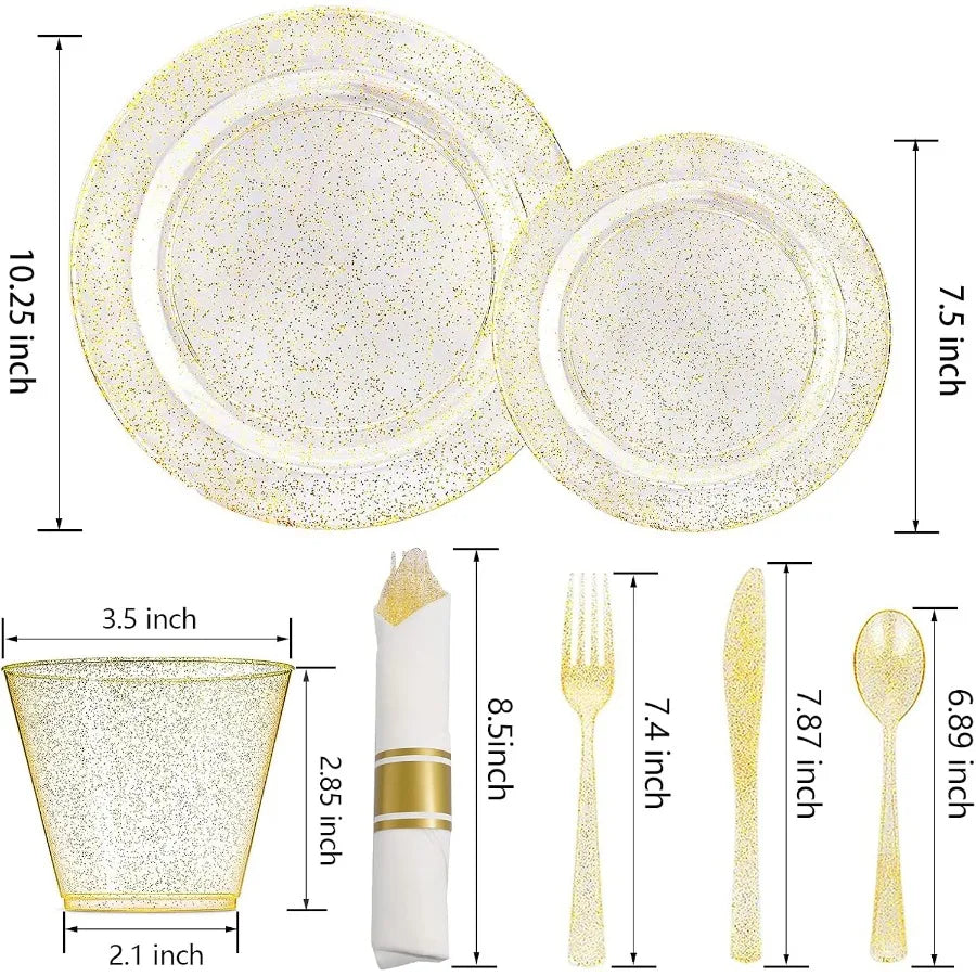 112Pcs Gold Glitter Plastic Plates Disposable 16 Dessert Plates 16 Din