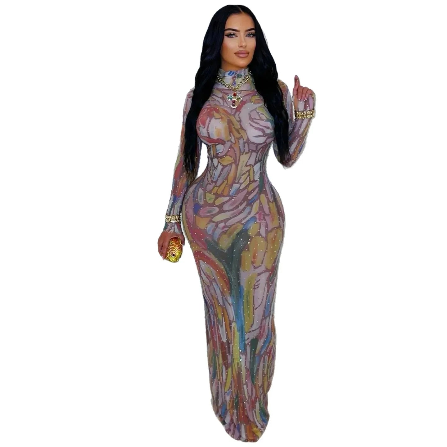 Designer Performance Outfit, Long Sleeve Water-Media Net, Diamond-Heated Sexy High-Elastic Birthday, Dance, Party Gown.