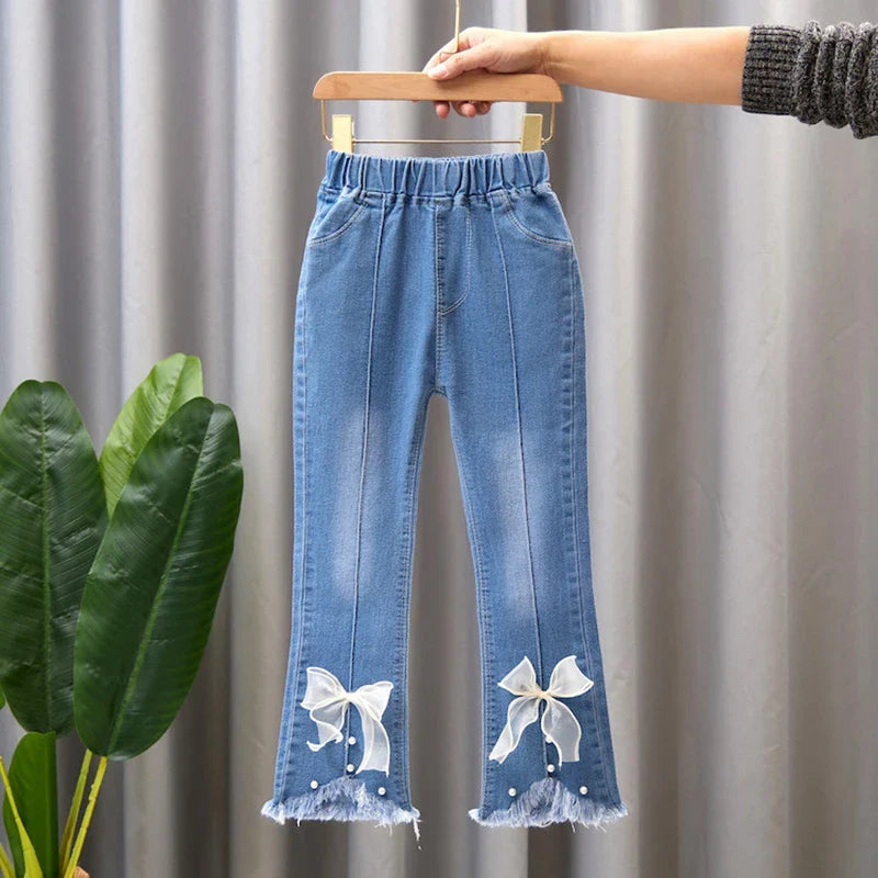 2024 New Autumn Elastic Kids Jeans, Girls Cute Leisure Bow Denim Children Flared Pants.