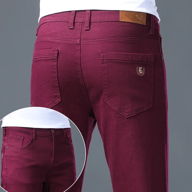 Men Fashion Classic Jeans Solid Color Streetwear Trousers Stretch Slim-fit