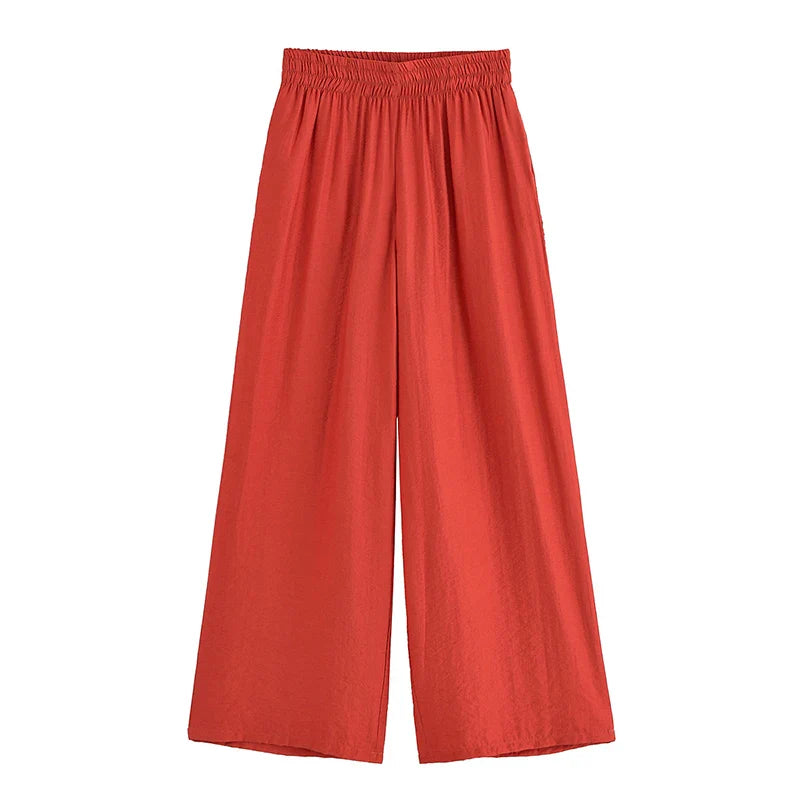 Women Fashion 2 Piece Set Solid Front Zipper Shirts & Vintage High Elastic Waist Trousers Female.