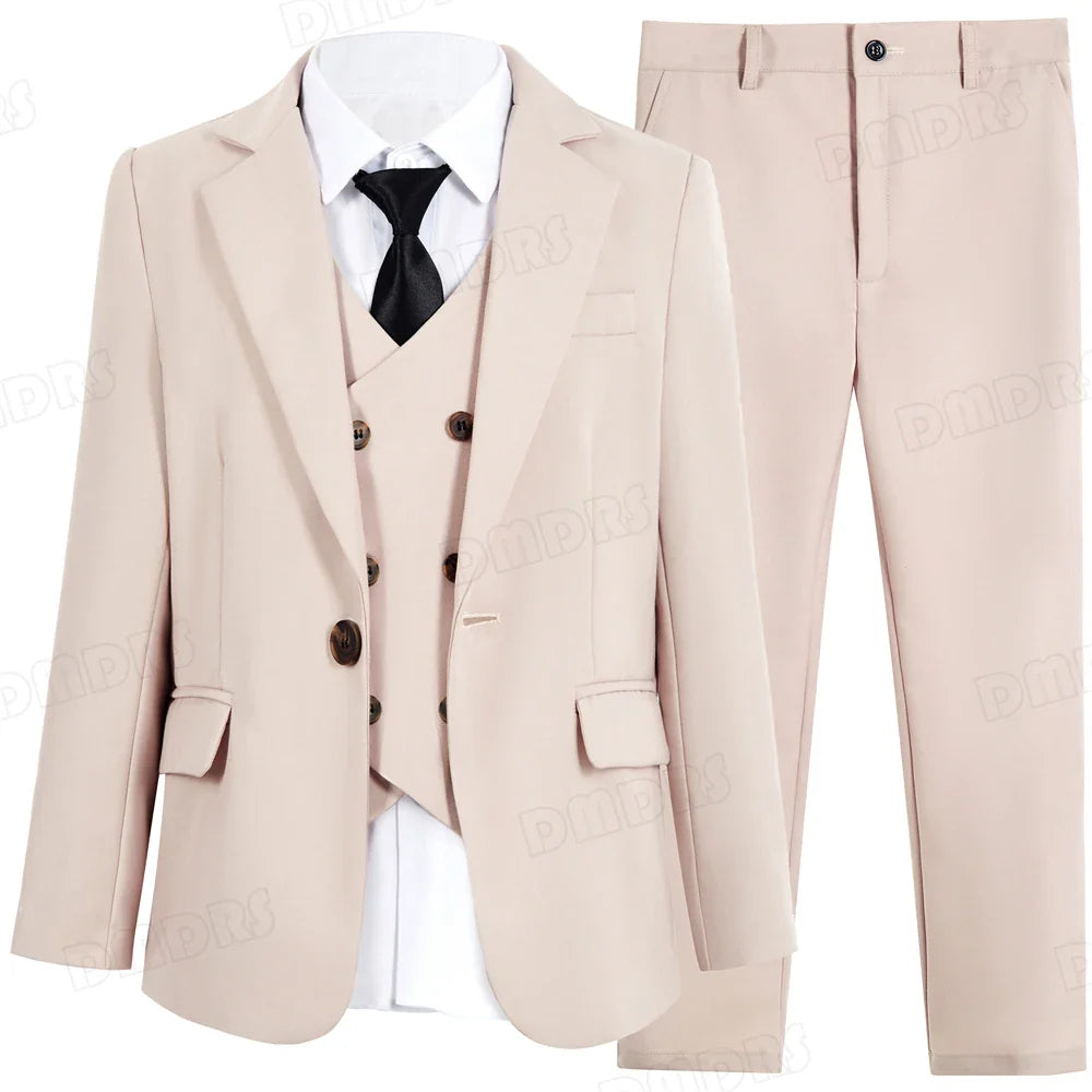 High Quality Kids Suit Set, 4-Piece Slim Fitting Jacket, Pants, Vest, Bowtie, One Button Communion Kids Suits.