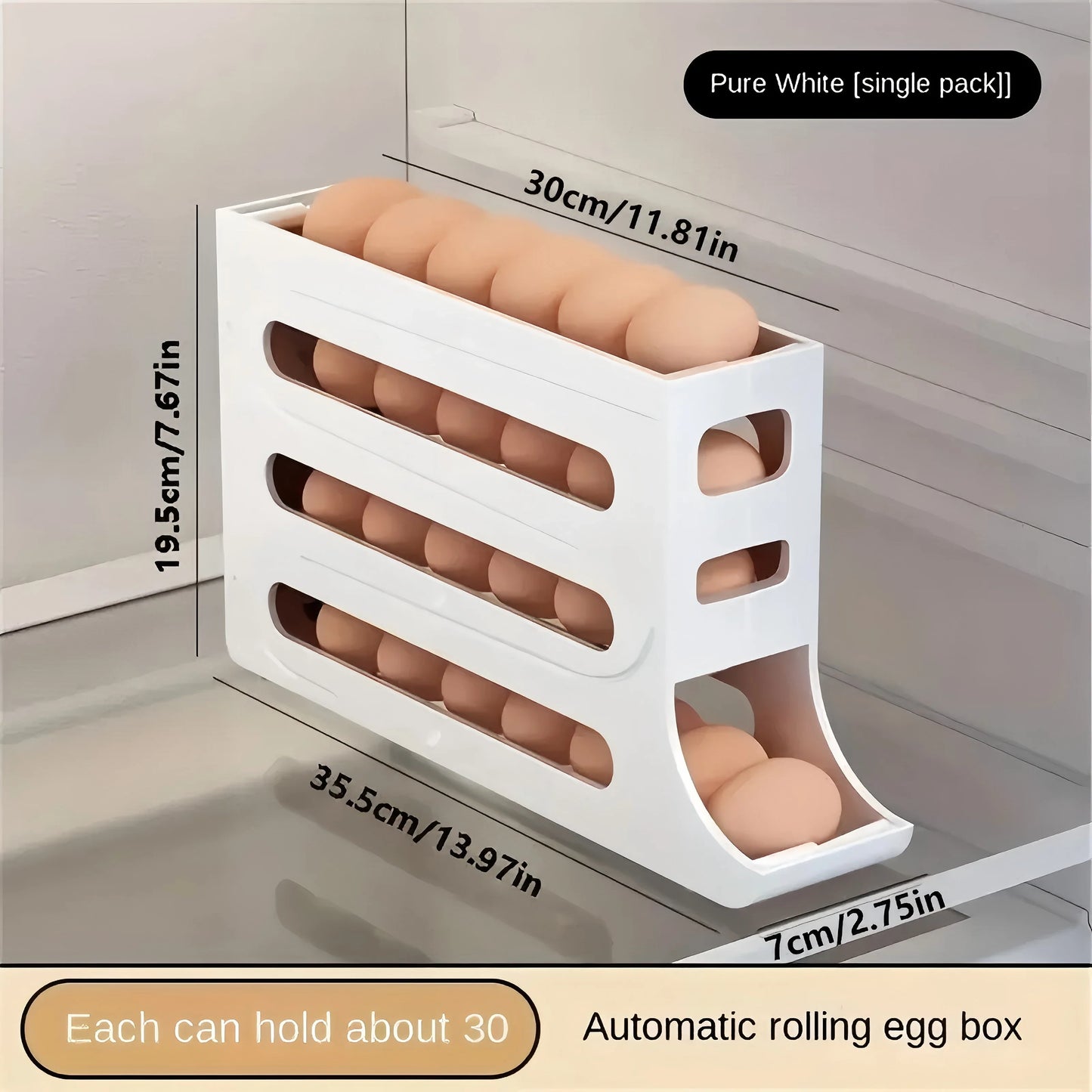 4 Tiers Egg Holder for Fridge, Automatic Egg Rolling Rack, 30 Eggs Storage