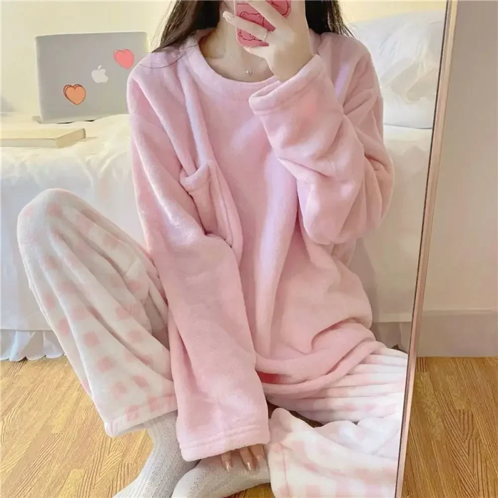 Thick Warm Women Pajamas Set, Winter Sleepwear Casual Women Suit