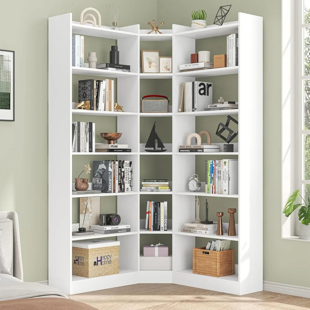 70.8" Tall Corner Bookshelf, 7-Tier L-Shaped Storage Rack, with Baffle for Home Office Living Room.