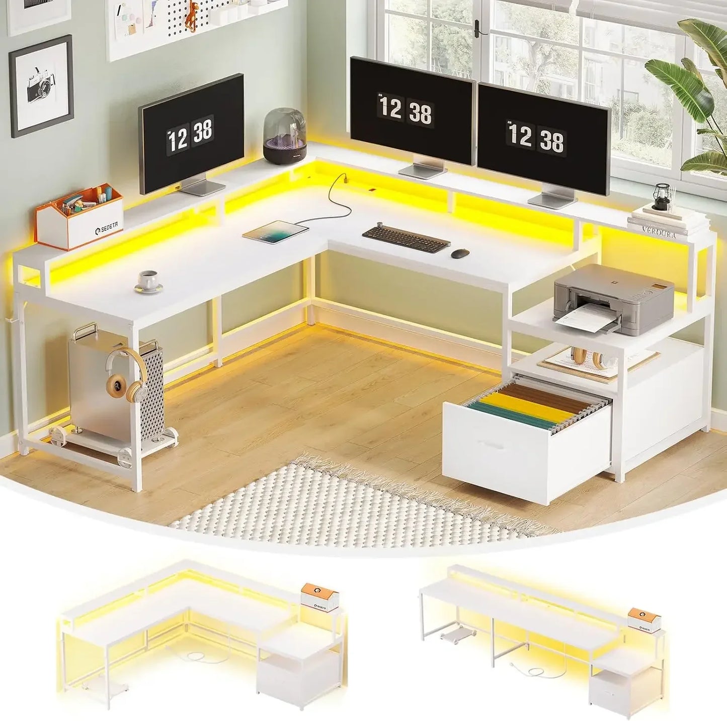 L Shaped Gaming Desk with File Drawer Power Outlet Computer Desk Led Lights