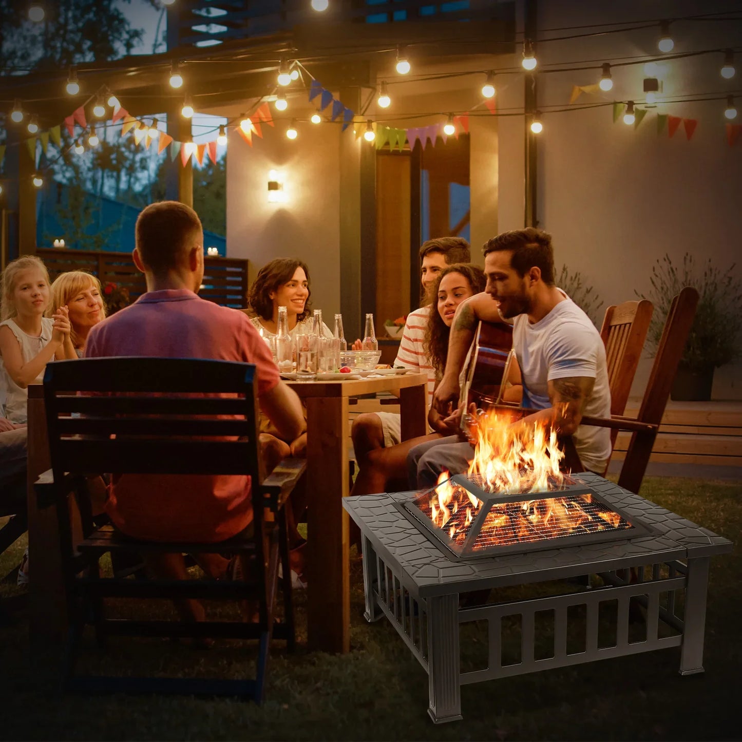 Steel Fire Pits for Outside, 32'' Square Wood Burning Fire Pit Table.