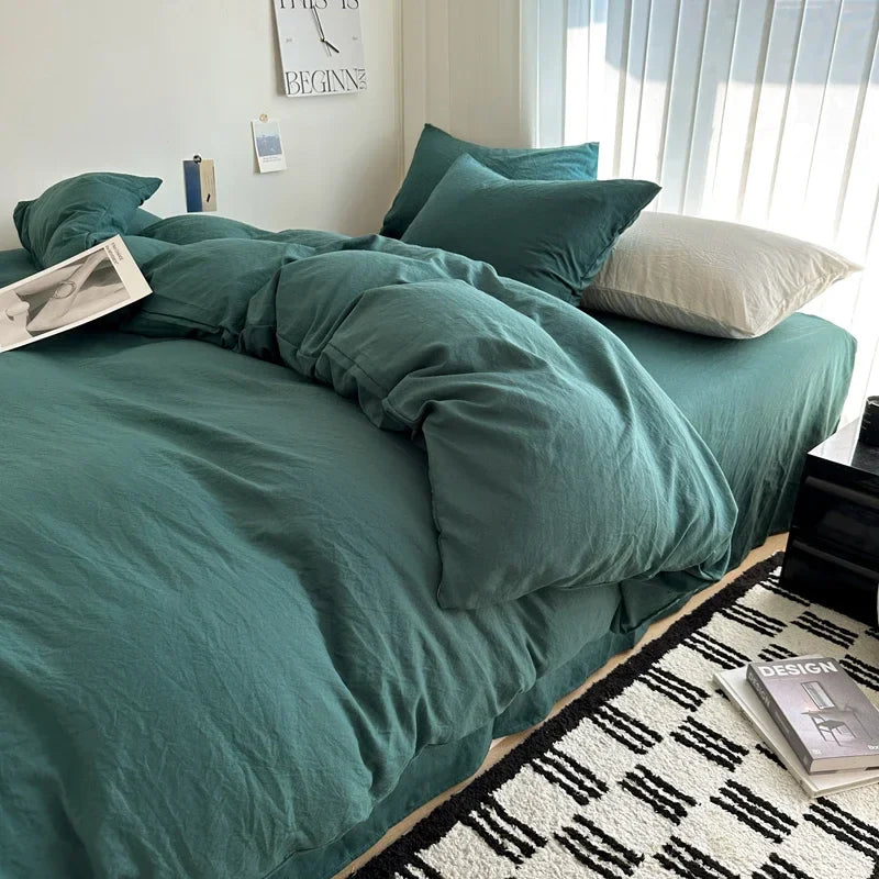Bed Linen Solid Cotton Bedding Set, with Sheet, Duvet Cover, Pillowcases. Single Couple Bedsheet King, Queen Double Twin Size