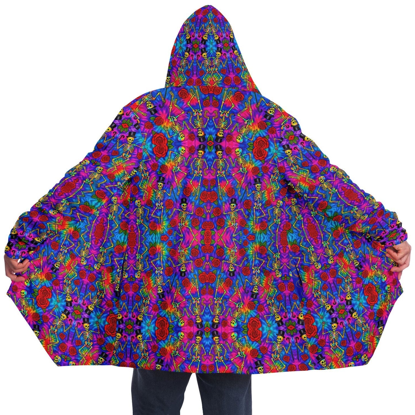 Tie Dye Dancing Skeleton Cuddle Cloak | Grateful Dead | Minky Sherpa Lined Coat with Hood, Zipper and Pockets | Women and Mens Festival Coat | Mountain Fashion