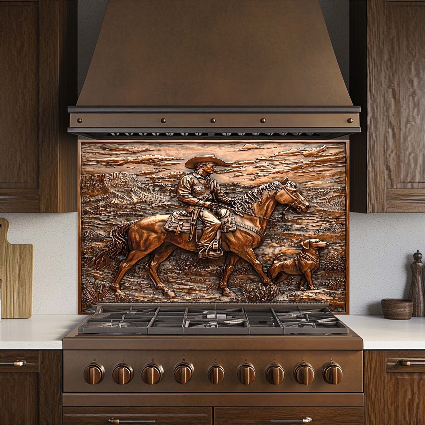 Desert Trail – Tempered Glass Backsplash with Cowboy and Dog | Western Backsplash