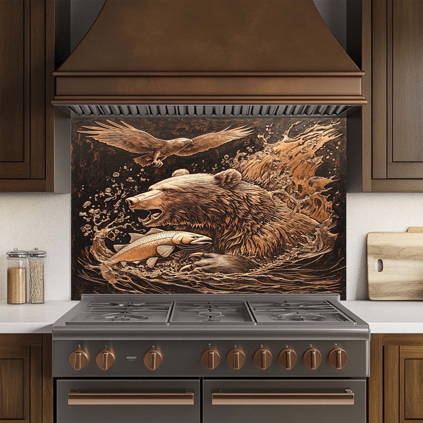 Wild Hunt – Tempered Glass Backsplash for Kitchen Stove | Bear Catching Fish in River Scene