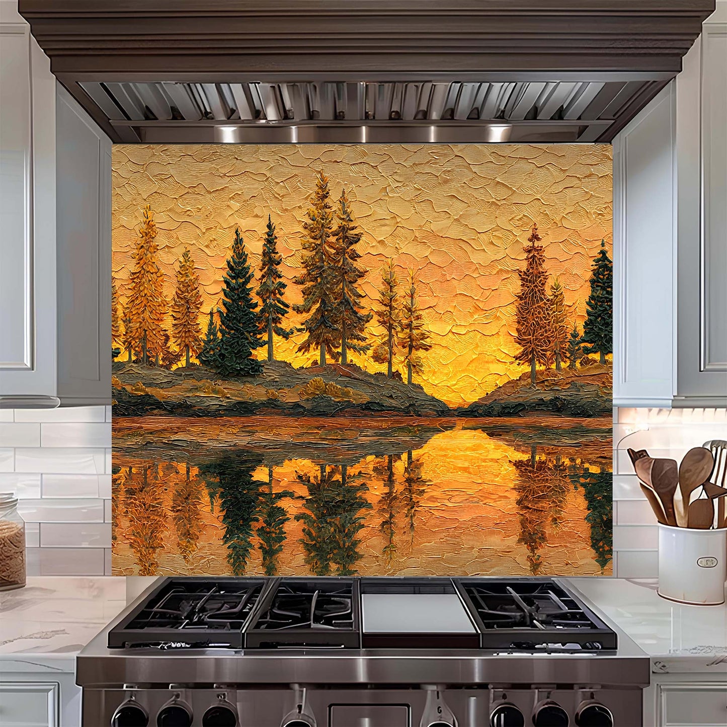 Custom Kitchen Backsplash – Golden Sunset Forest Tempered Glass Backsplash