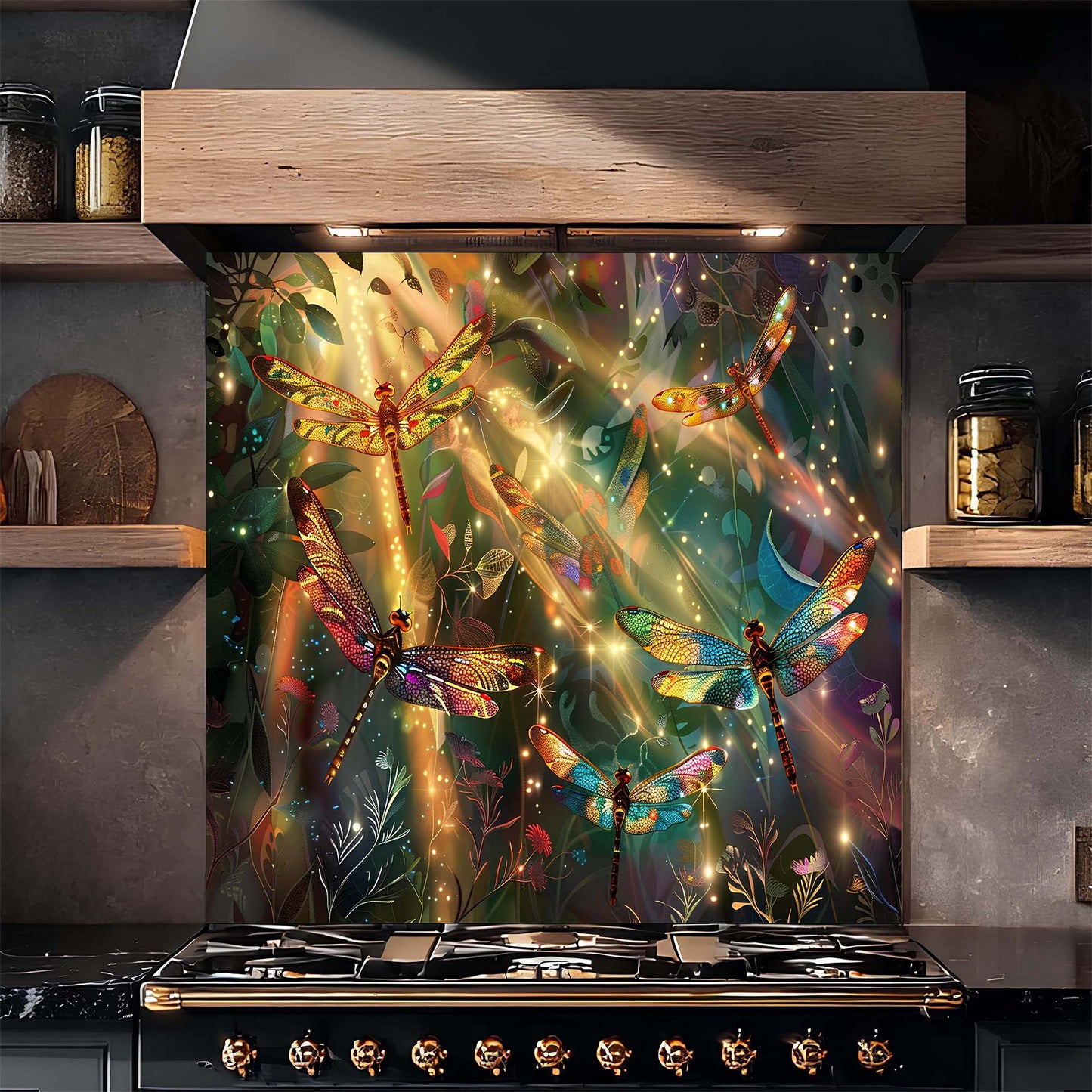 Custom Kitchen Backsplash – Enchanted Flight Tempered Glass Stove Backsplash