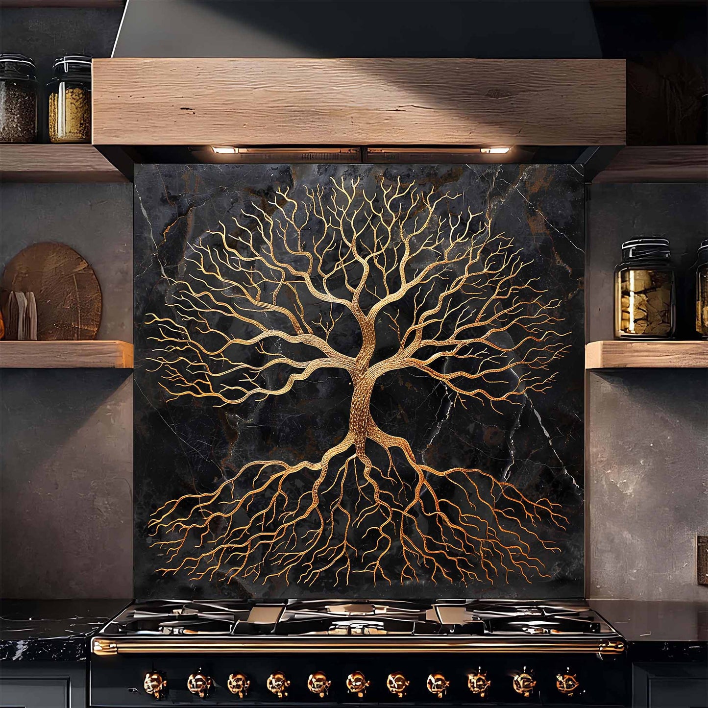 Golden Rooted Tree Glass Backsplash – Kitchen Backsplash Behind Stove