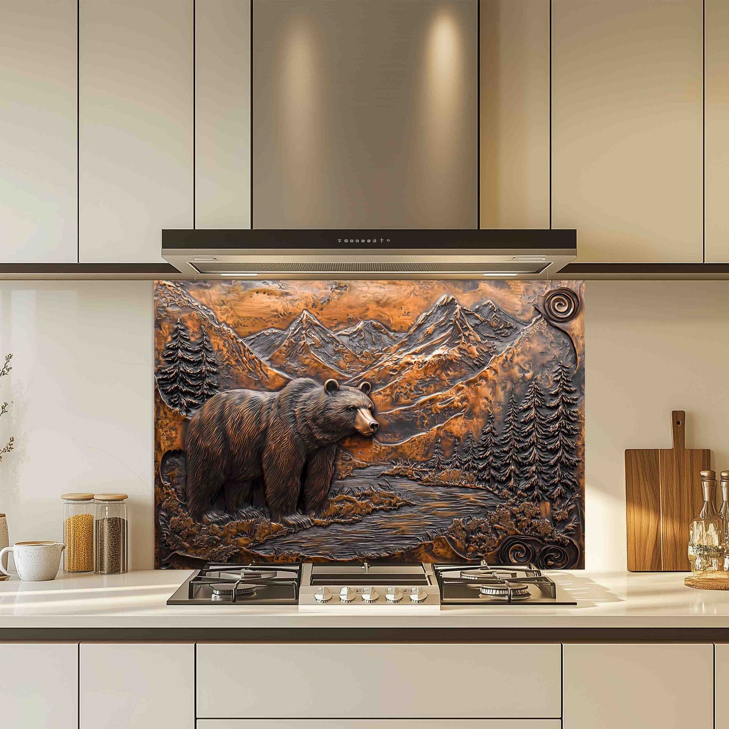 Rustic Style Tempered Glass Backsplash – Bear and Mountain River Kitchen Panel
