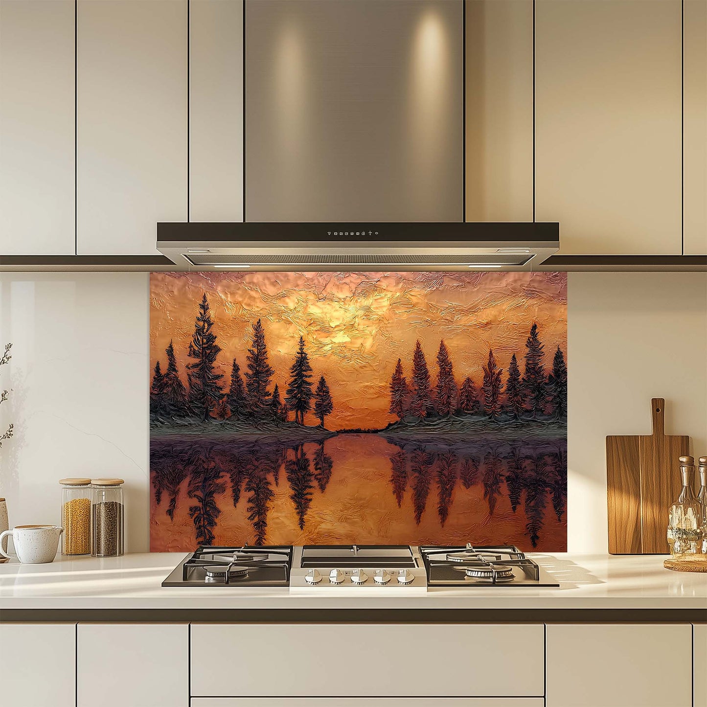 Sunset Reflection – Tempered Glass Backsplash for Kitchen – Copper Look Glass Backsplash