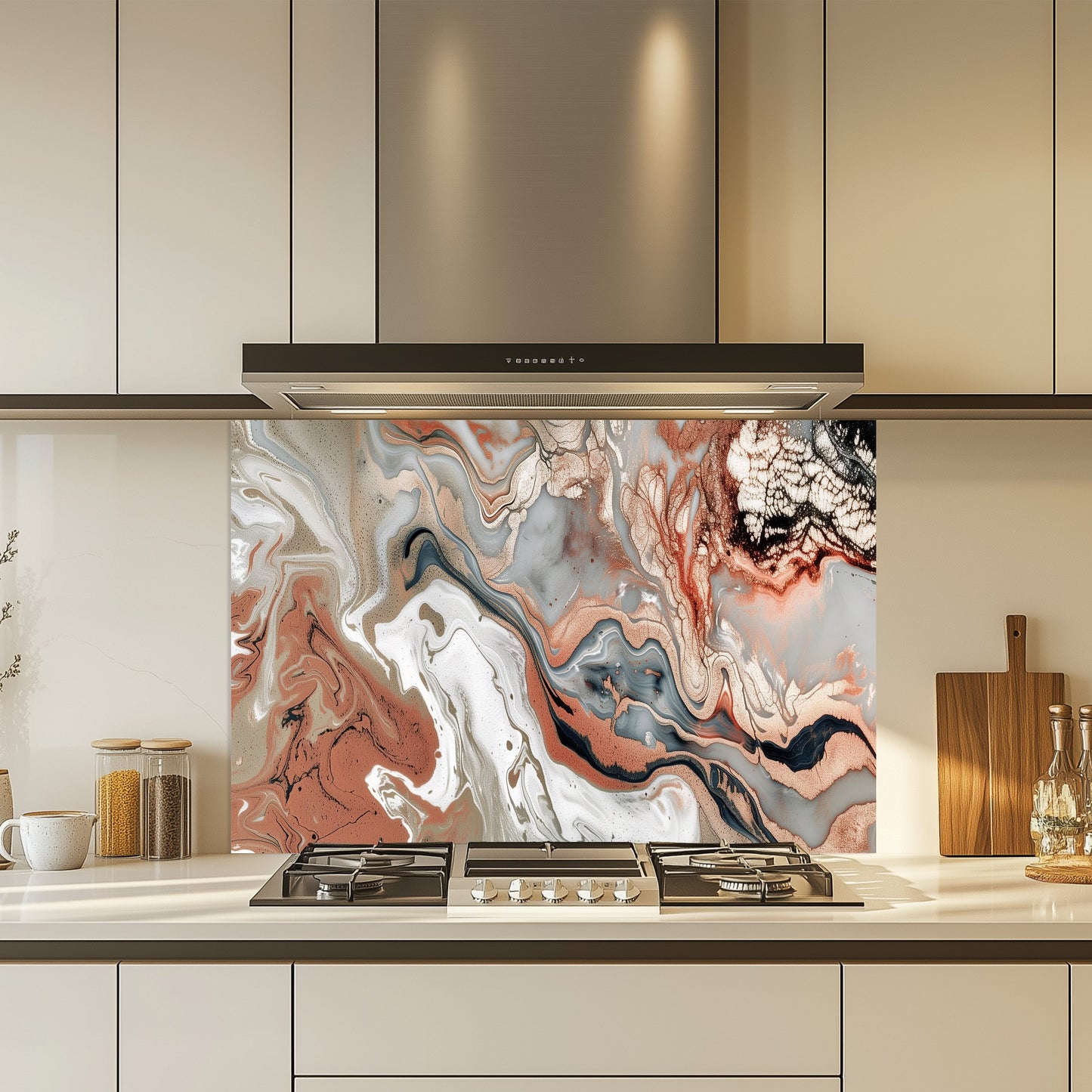 Glass Kitchen Backsplash – Copper Cream Marble Swirl Art Splashback
