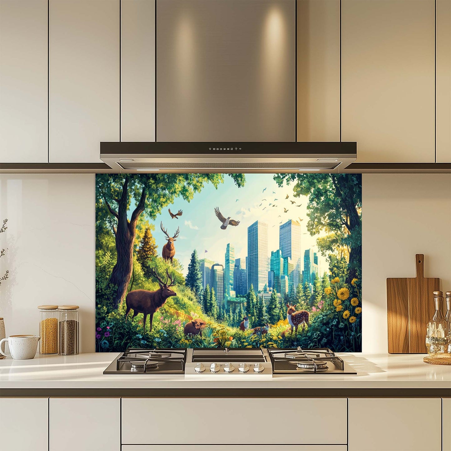 Emerald Haven – Tempered Glass Backsplash for Kitchen | Vibrant Forest City Backsplash