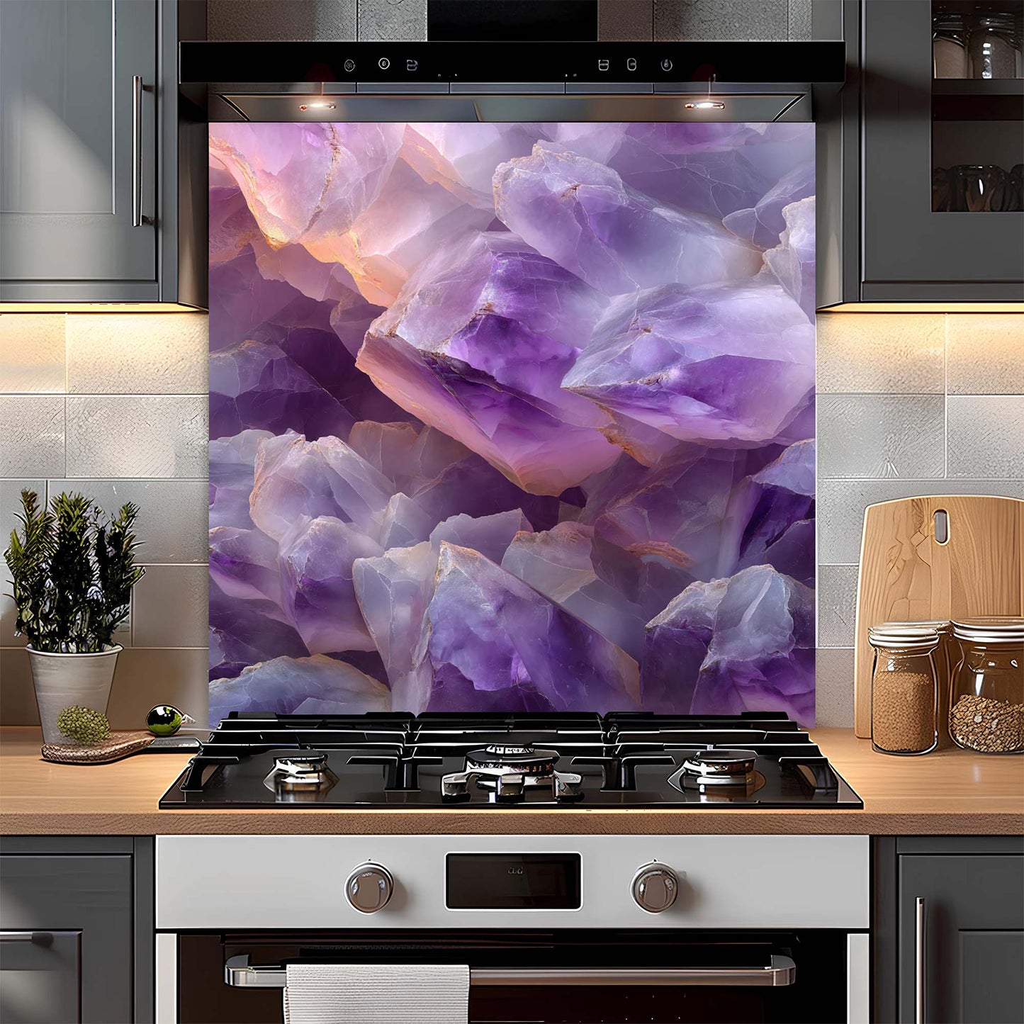 Amethyst Aura – Tempered Glass Backsplash for Kitchen | Spiritual Luxe Design Backsplash