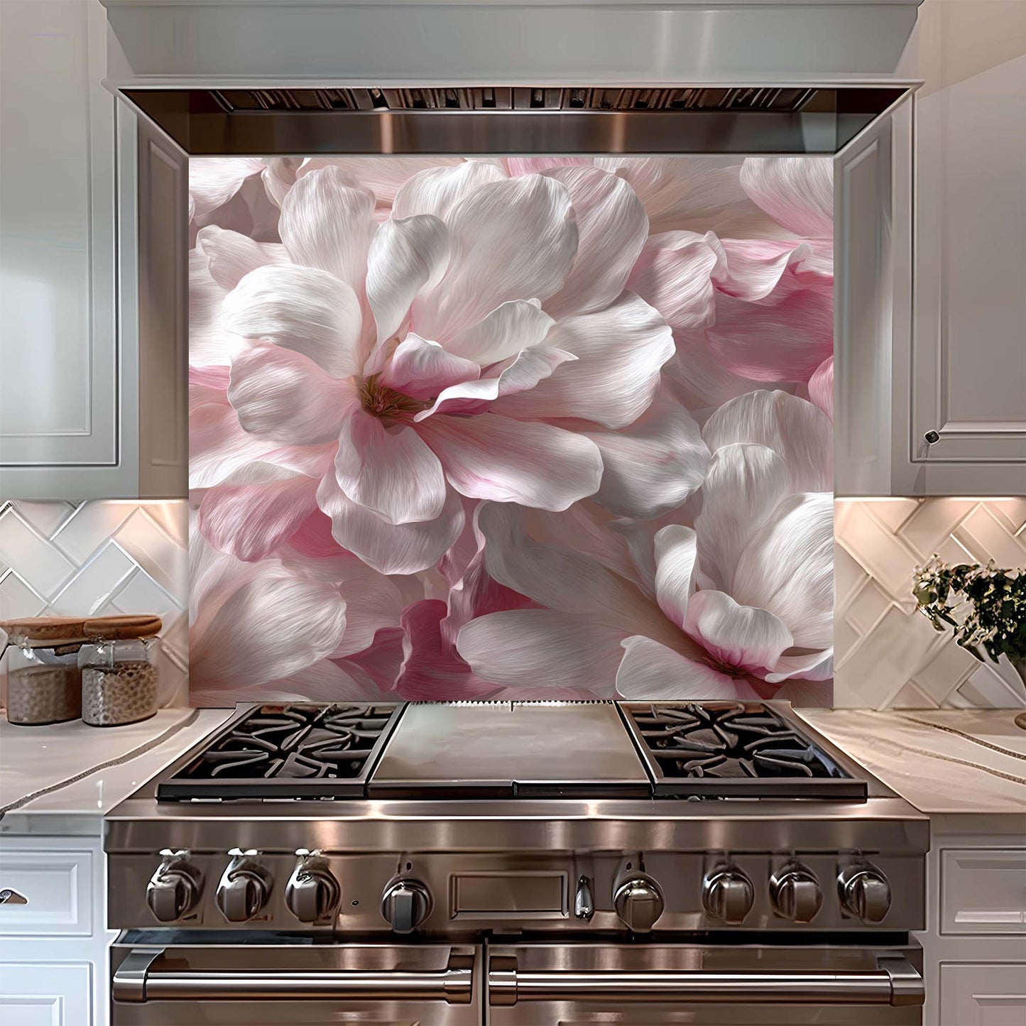 Blush Magnolia – Tempered Glass Backsplash for Kitchen – Pink Floral Kitchen Splashback