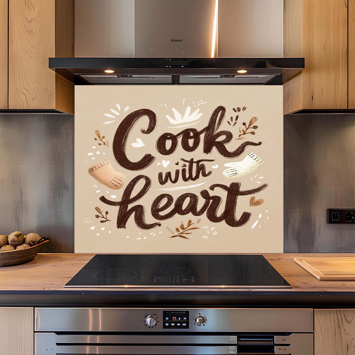 Cook with Heart – Tempered Glass Backsplash for Kitchen – Rustic Kitchen Quote Splashback