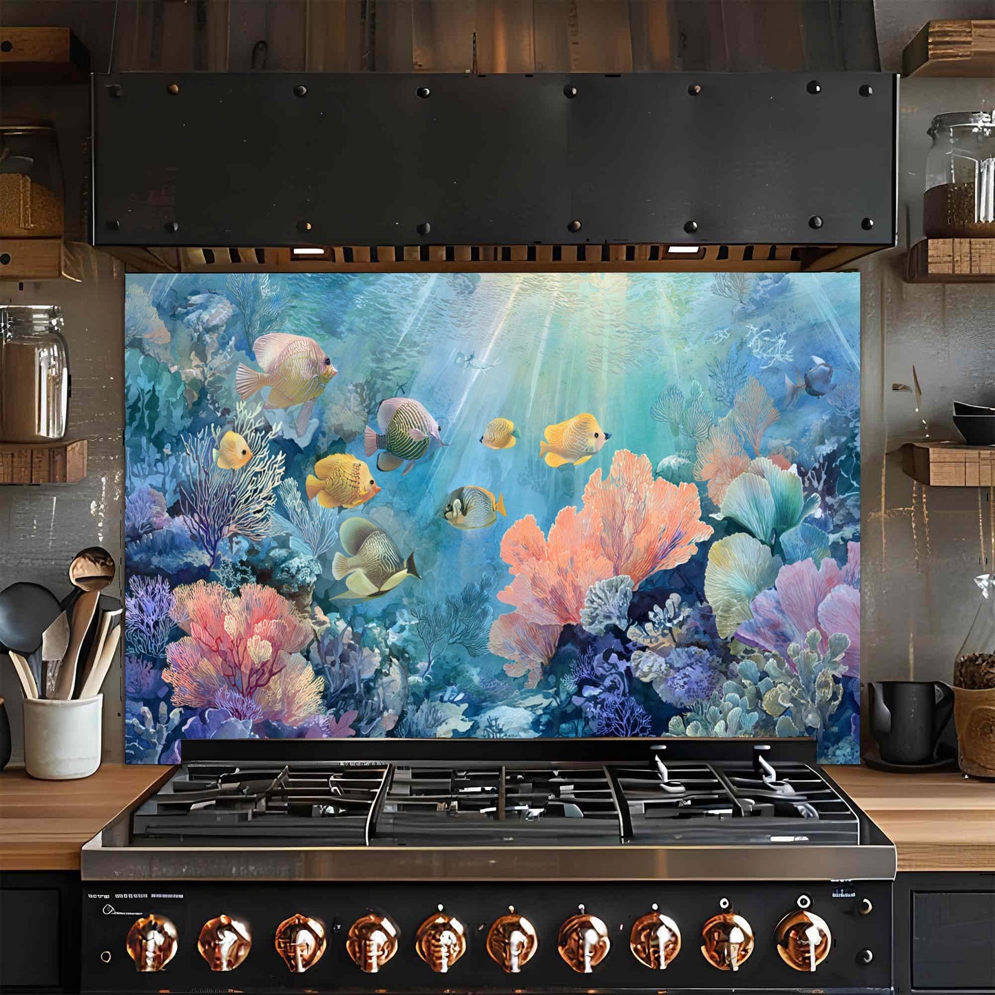 Aqua Garden – Tempered Glass Backsplash for Kitchen | Vibrant Ocean Fantasy Backsplash