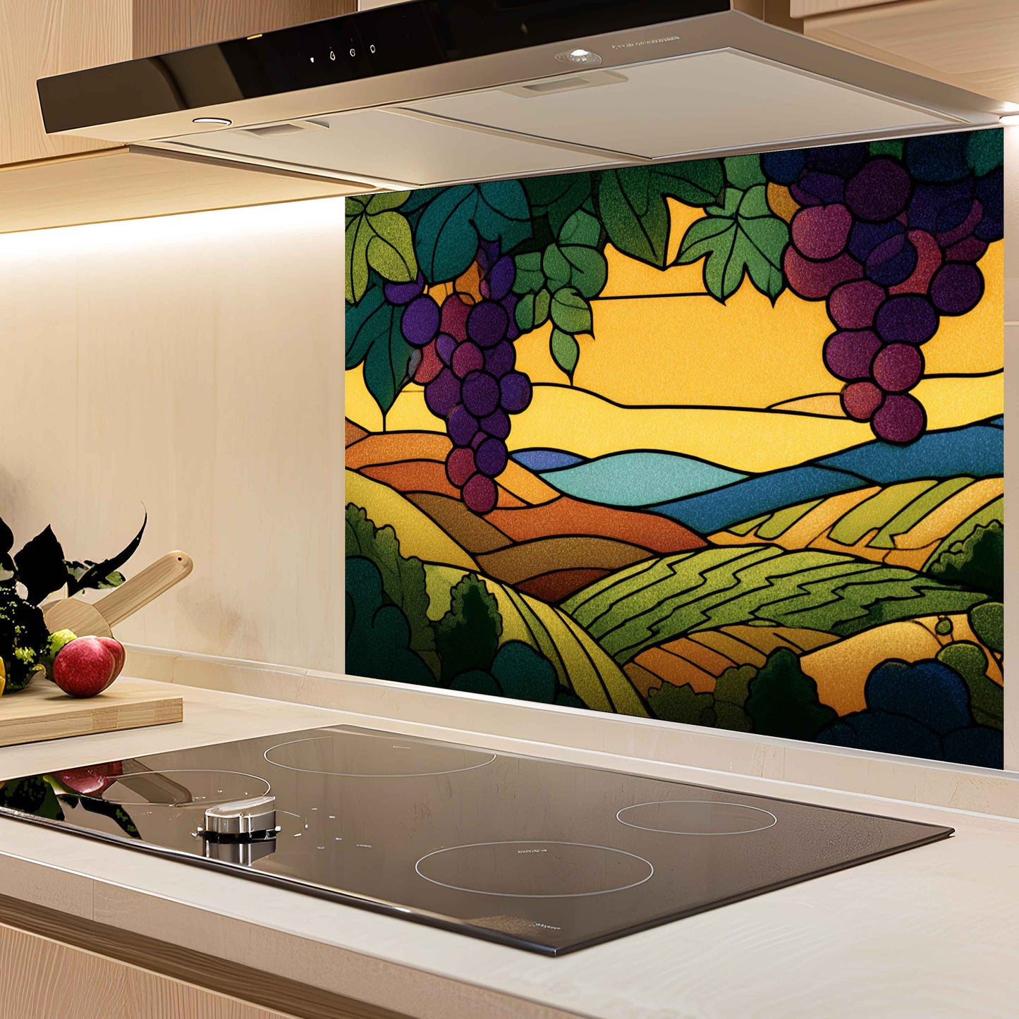 Tempered Glass Backsplash for Kitchen | Stained Glass Grape Field Landscape Design