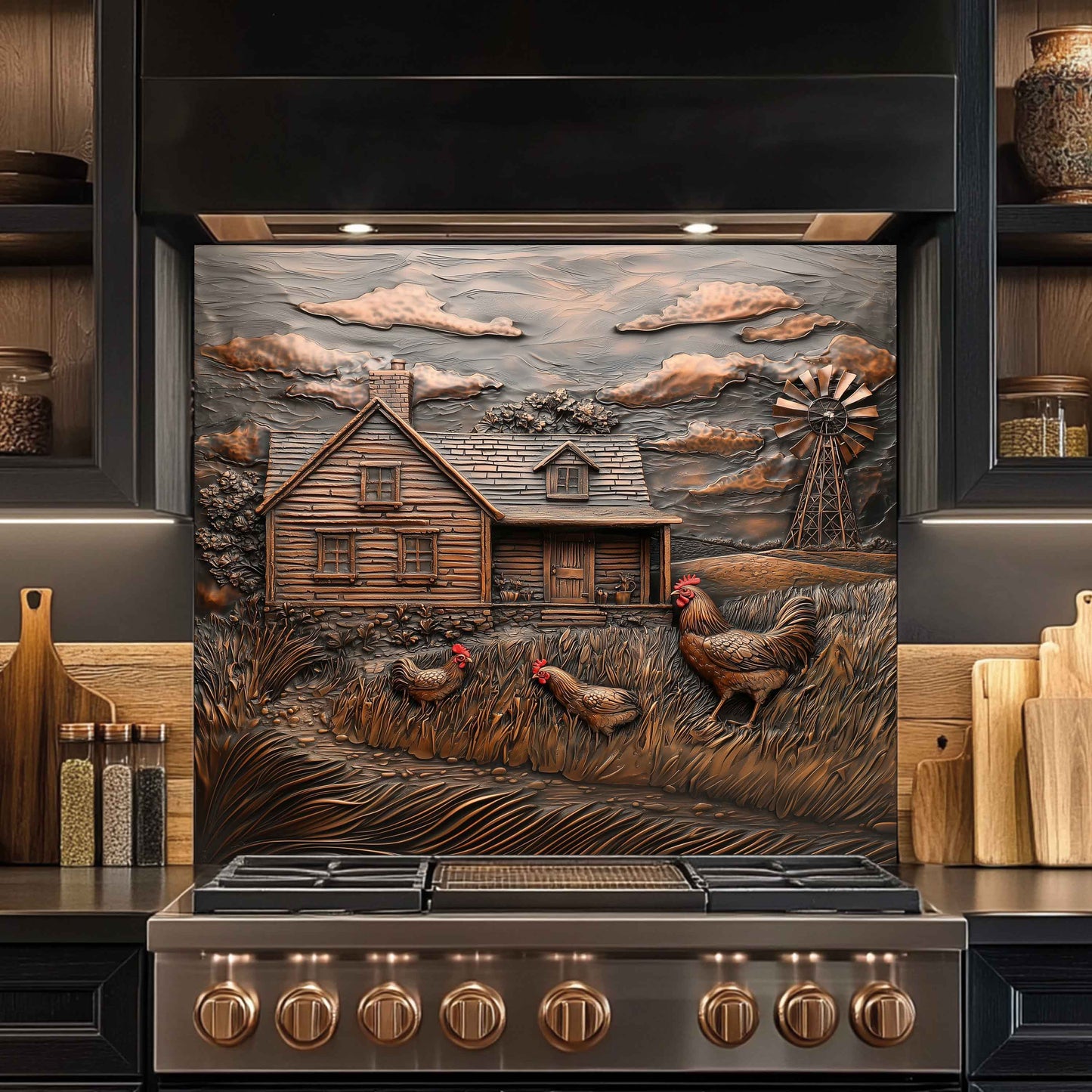 Copper Look Tempered Glass Backsplash for Kitchen | Rustic Cabin, Rooster & Windmill Design