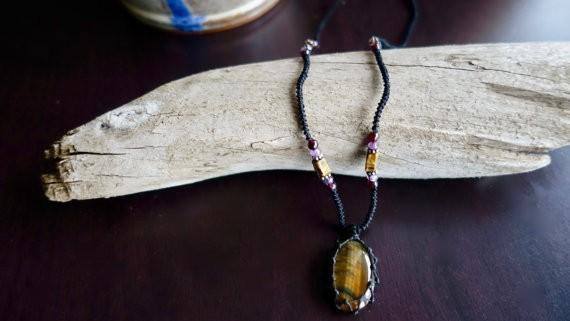 Tiger Eye Macrame Necklace | Stone for Protection | Unisex Healing Crystal | Micro Macrame