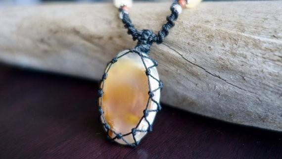 Milk Agate Macrame Necklace | Stone of Protection | Micro-Macrame | Unisex, Healing Crystal Jewelry
