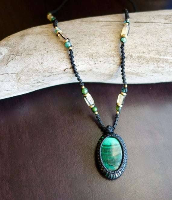 Green Malachite Macrame Necklace | Intense Amplification Healing Crystal