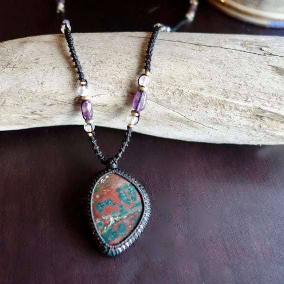 Long Fancy Jasper Macrame Necklace | Stone of Relaxation | Unisex, Healing Crystal Jewelry