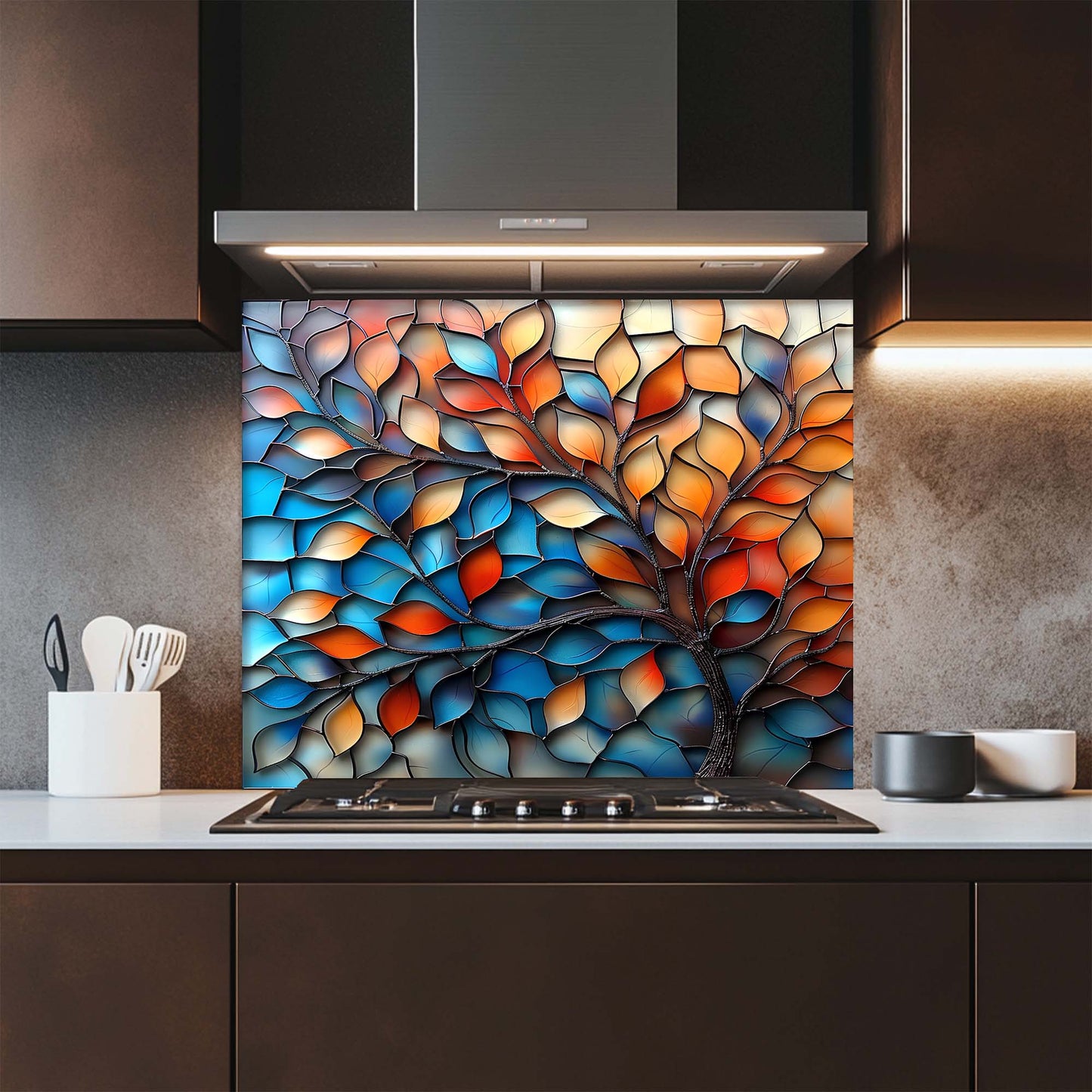 Aurora Branches – Tempered Glass Backsplash for Kitchen Stove | Colorful Abstract Backsplash