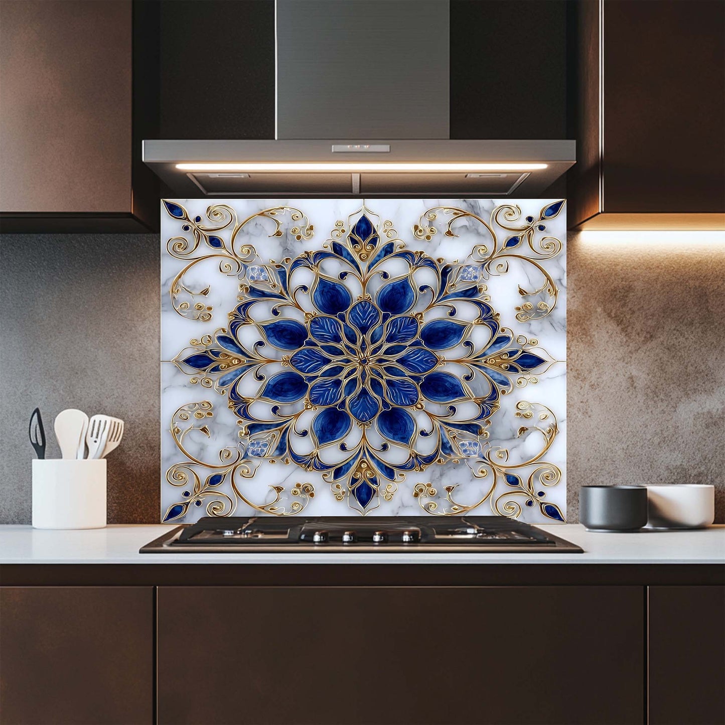 Majestic Sapphire – Tempered Glass Backsplash for Kitchen – Blue & Gold Mandala Splashback