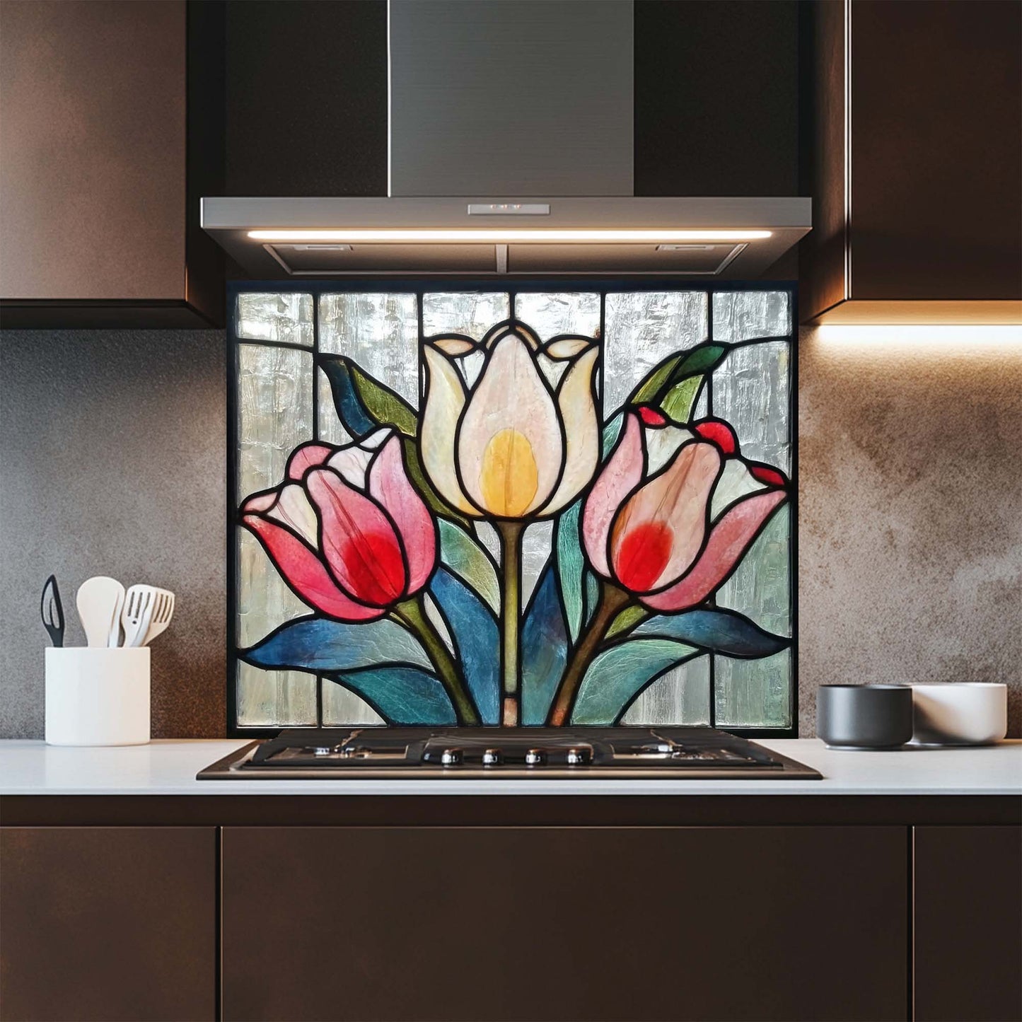 Tulip Trio – Tempered Glass Backsplash for Kitchen Stove | Stained Glass Look Tulip Backsplash